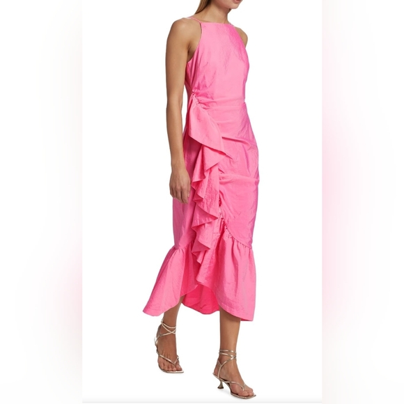 Cinq à Sept Neena Ruffle Midi Dress Flamingo Pink Size 0 - Picture 2 of 15